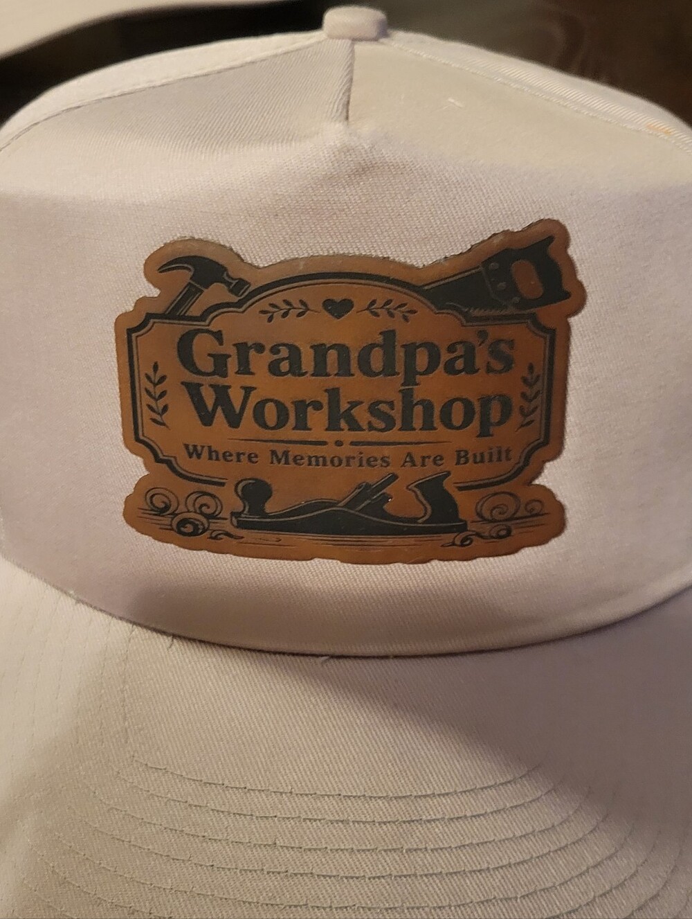 NEW Grandpa's Workshop Tan Hat W/ Custom Leather Patch Adjustable 6 Panel